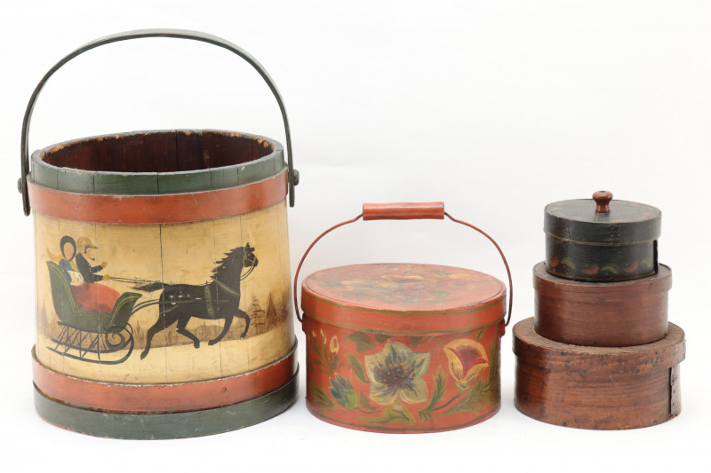 5 Folk Art Round Boxes Bucket