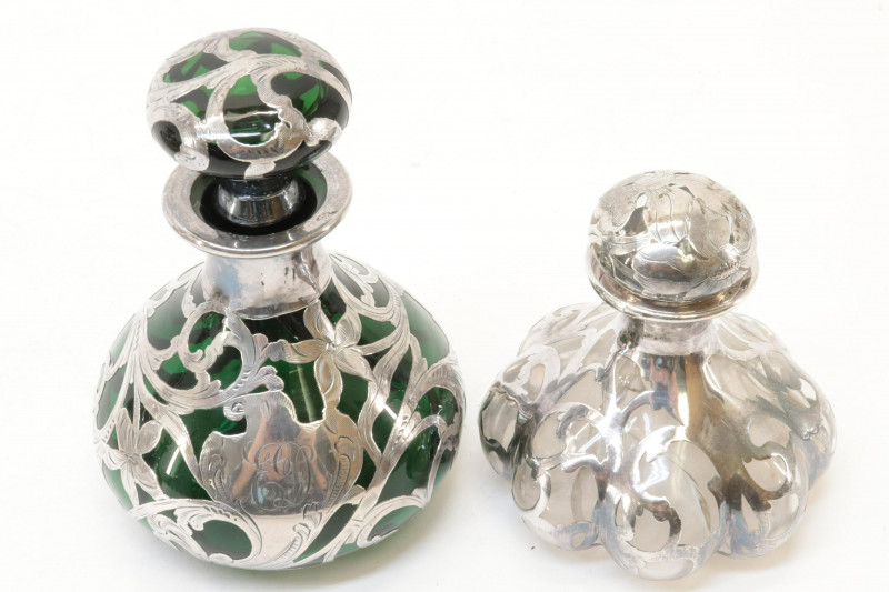 9 Silver Overlay Glass Perfumes/Bottles/Vases