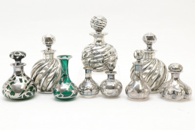 Image for Lot 9 Silver Overlay Glass Perfumes/Bottles/Vases