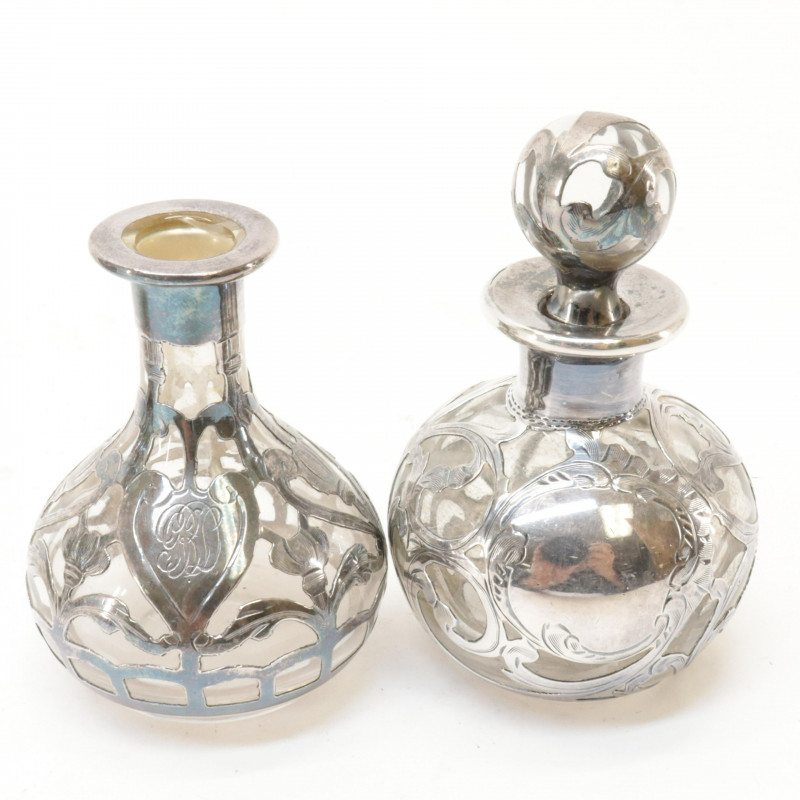 9 Silver Overlay Glass Perfumes/Bottles/Vases
