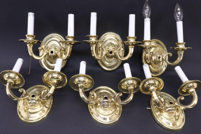Image for Lot Set of 6 Brass 2Light Sconces