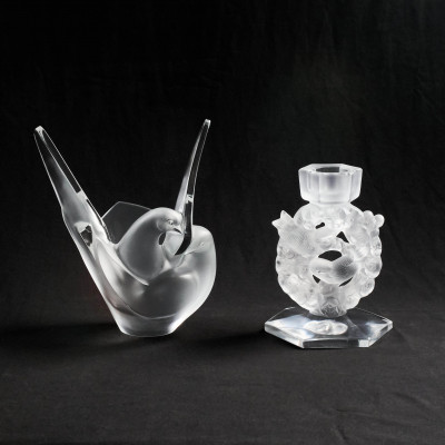 Image for Lot Lalique Crystal - Two Crystal Pieces, Love Bird Vase, and Mesanges Candleholder
