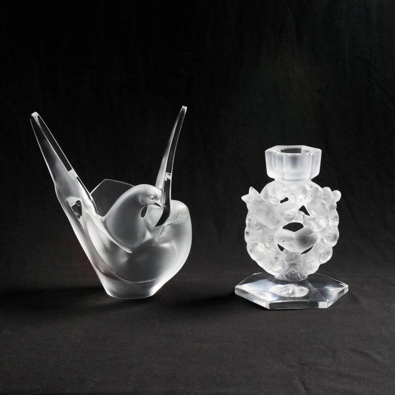 Lalique Crystal - Two Crystal Pieces, Love Bird Vase, and Mesanges Candleholder
