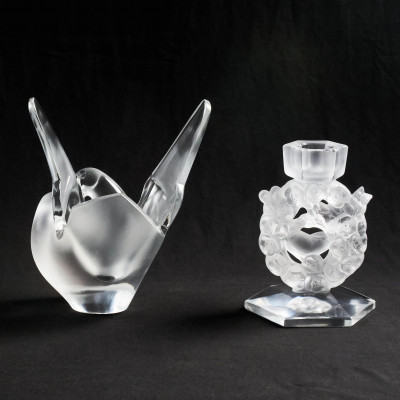 Lalique Crystal - Two Crystal Pieces, Love Bird Vase, and Mesanges Candleholder