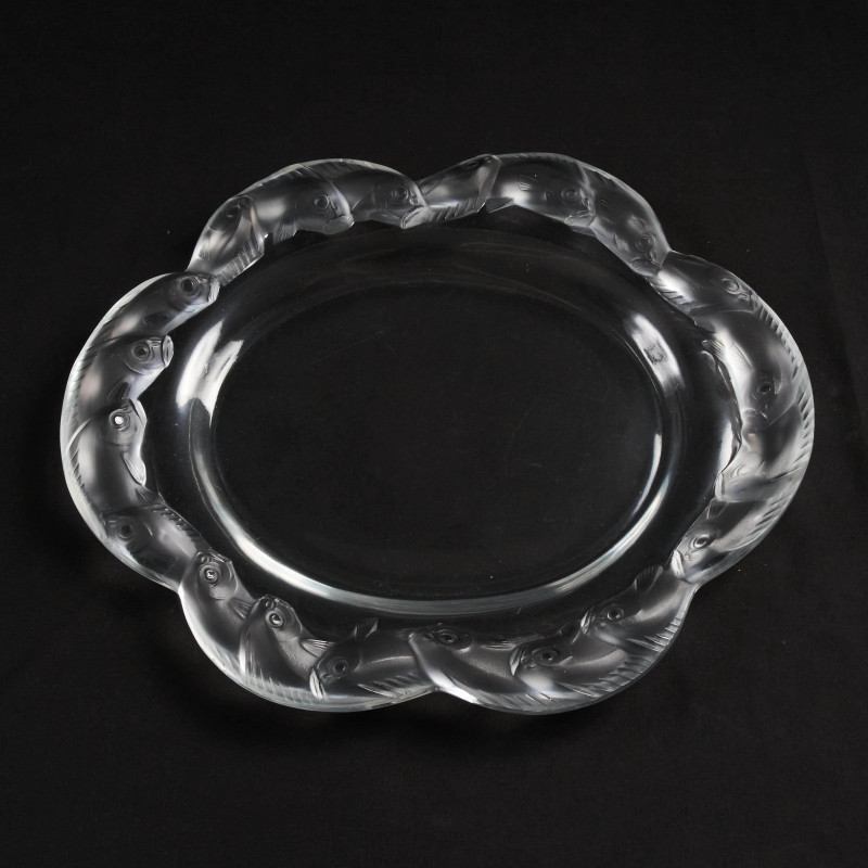 Lalique Crystal - Group of Four (4) Goujon Leaping Fish Card Holder (1) Fish Coupe Scalloped Dish Platter (1) Goujon Leaping Fish Ring Tray