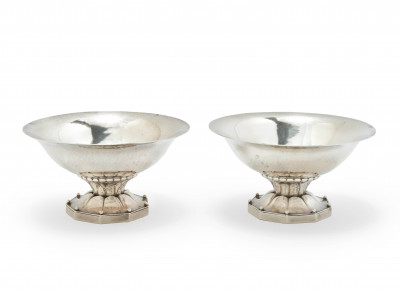 Image for Lot Georg Jensen Silversmithy - Pair of Silver Pedestal Bowls with Foliate Motif to Stem