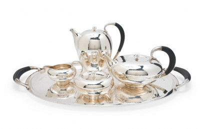 Image for Lot Johan Rohde for Georg Jensen Silversmithy - 787 Sterling Tea and Coffee Set with Two-Handled Tray (5pcs)