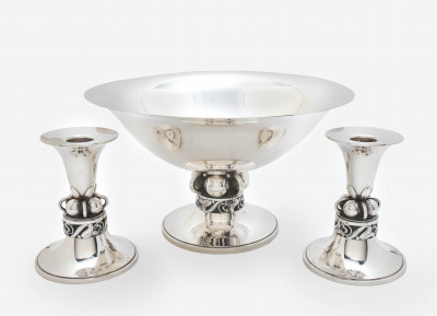 Image for Lot Alphonse La Paglia for Georg Jensen Silversmithy - Silver Center Piece and Pair of Candlesticks