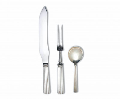 Image for Lot Sigvard Bernadotte for Georg Jensen Silversmithy - Carving Set and Serving Spoon