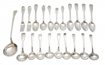 Image for Lot European Silversmiths - Sterling silver flatware, twenty one pieces: spoons, forks and a ladle