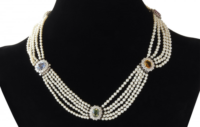 Fancy Sapphire Diamond Pearl Necklace