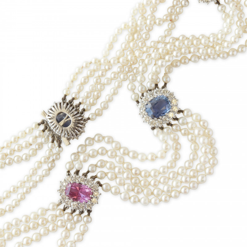 Fancy Sapphire Diamond Pearl Necklace