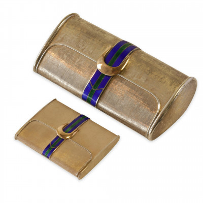 Image for Lot Cartier Sterling Silver Enamel Minaudiere Set