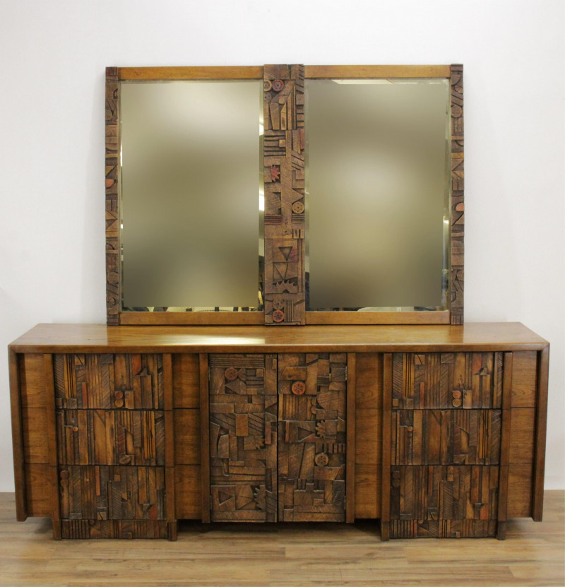 Modern Brutalist Carved Lane Dresser/Mirror