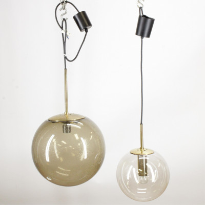 Two 70's Brass Glass Globe Fixtures
