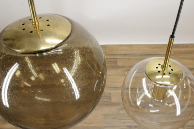 Two 70's Brass Glass Globe Fixtures
