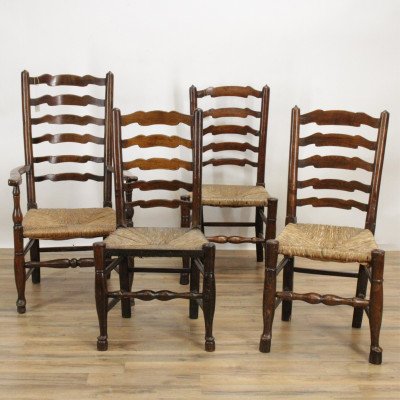 Image for Lot Four English Elm Ladder Back Chairs 18th C