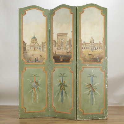 French Green Painted Canvas 3Paneled Screen