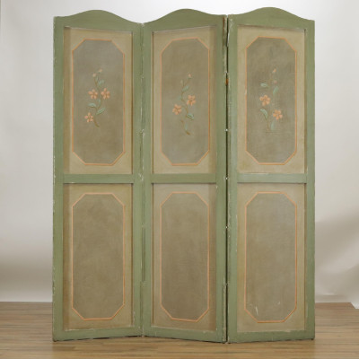 French Green Painted Canvas 3Paneled Screen