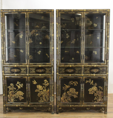Image for Lot Pair Chinese Gilt Decorated Black Lacquer Cabinets