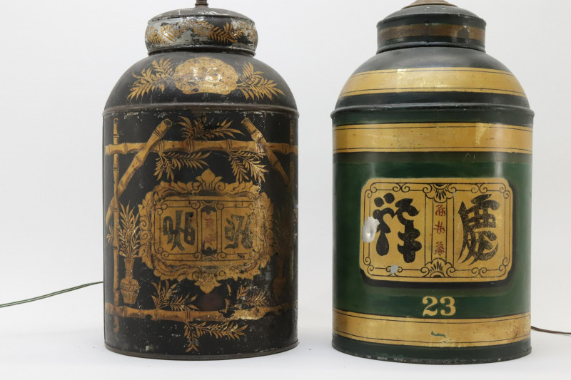 2 Lamps; Chinese Blk Painted Export Tea Cannister