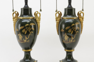 Pr Chinoiserie Decorated Green Painted Tole Lamps