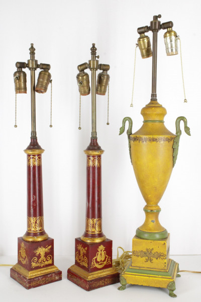 Pair Red Tole Lamps with Mustard Tole Lamp