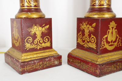 Pair Red Tole Lamps with Mustard Tole Lamp
