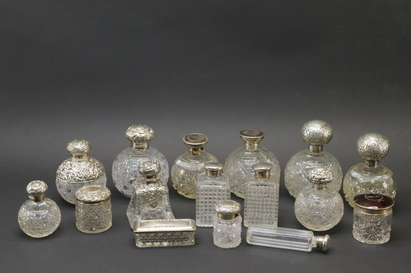 16 Victorian Sterling Silver and Glass Bottles