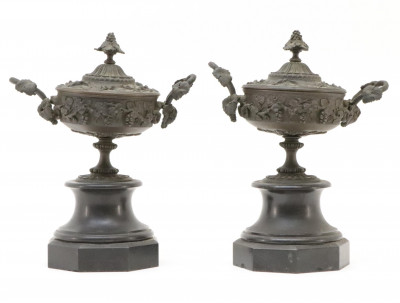 Pair Victorian Bronze Belgian Marble Urns 19th
