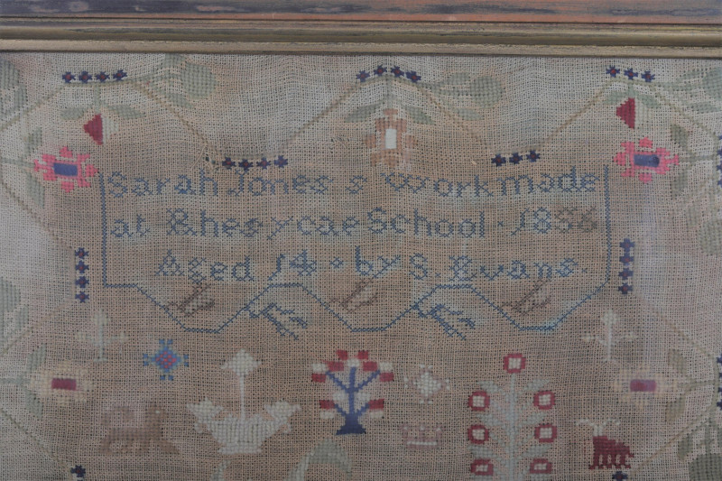 Sampler; Sarah Jones Rhesycae School 1856 Evans