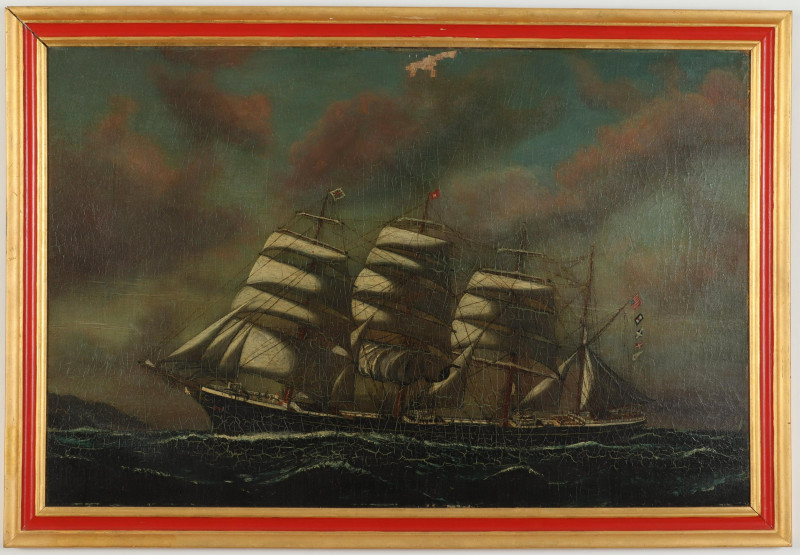 4Masted Bark American and Other Flags O/CB