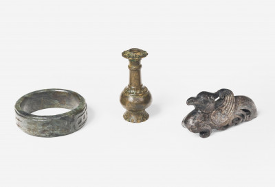 Image for Lot Group of Jade Bangle, Jade Bird, and Small Bronze Vase, 19th/20th Century