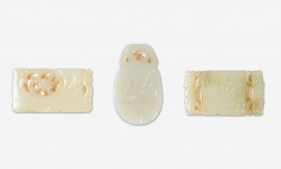 Image for Lot Three Small Jade Placques with Floral and Bamboo Imagery
