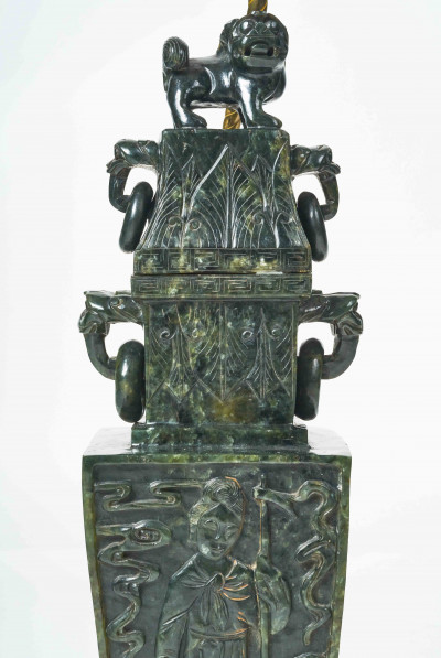 A Carved Spinach Jade Covered Urn
