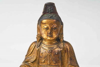 A Large Gilt Bronze and Polychrome Guanyin, 17th Century Ming Style, but likely 19th Century.