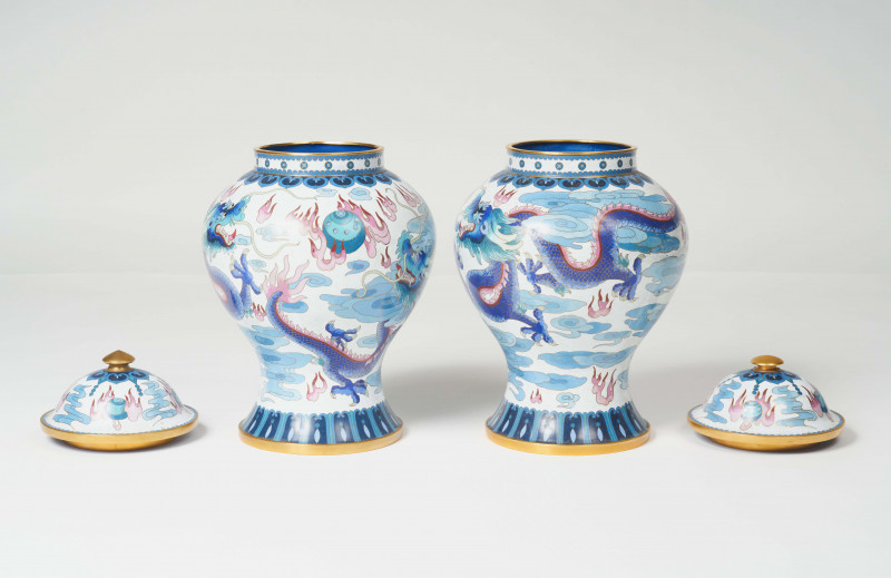 A Pair of Chinese Cloisonné Lidded Temple Vases with Dragon Motif