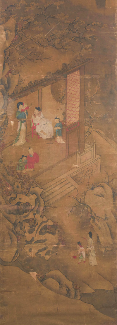 Chinese Scroll Painting with Family Seated in a Garden Pavilion