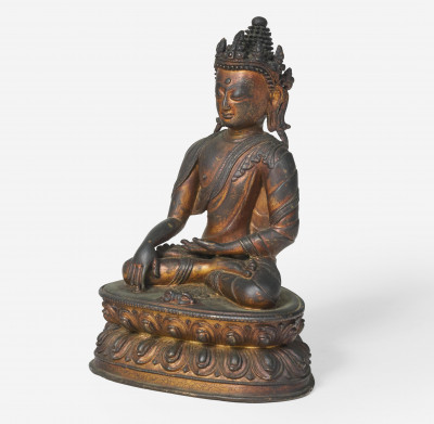 Image for Lot Sino Tibetan - Bronze Buddha seated on lotus throne