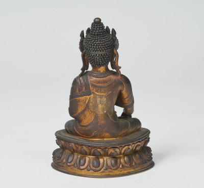 Sino Tibetan - Bronze Buddha seated on lotus throne