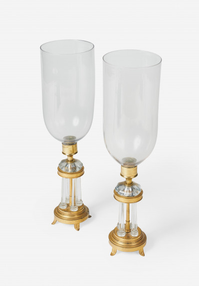 English Glazier - pair handblown hurricane lamps with brass and cut glass base