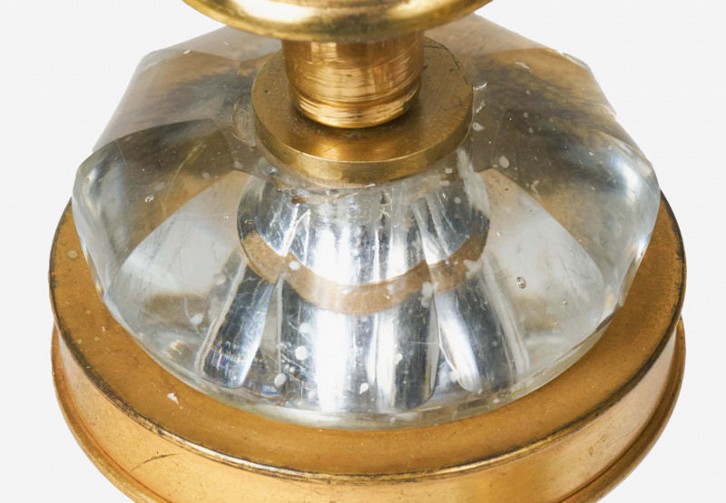 English Glazier - pair handblown hurricane lamps with brass and cut glass base