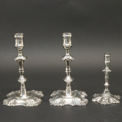 Image for Lot George II Cast Silver Candlesticks Cafe 18th C