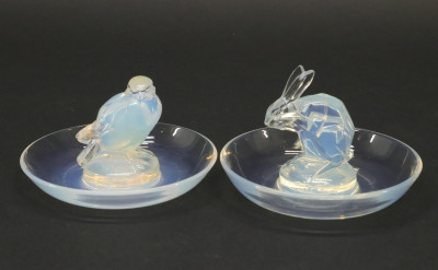 Image for Lot R Lalique Lapin and Moineau Opalescent Cendriers