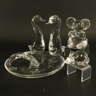 Image for Lot Steuben Crystal Animal Sculptures; Handled Dish