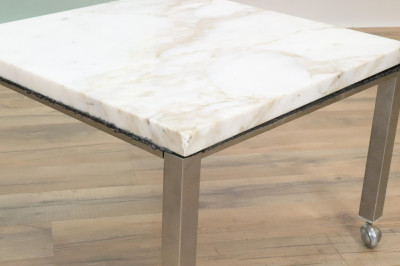 Pair Modern Low Slung Chrome And Marble Top Tables