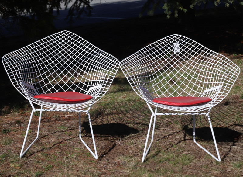 Pair Bertoia Design White Diamond Wire Chairs