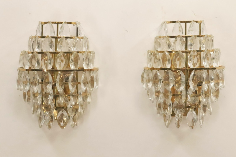 Pr Lobmeyr Style Cut Crystal Wall Sconces c 1970