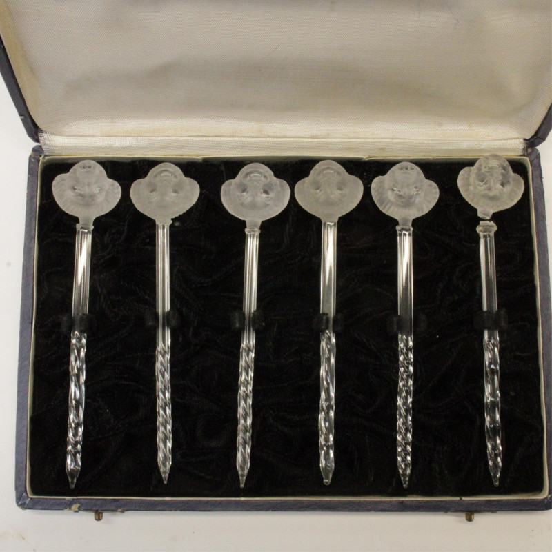 6 1930s Rene Lalique Frosted Glass Swizzle Sticks