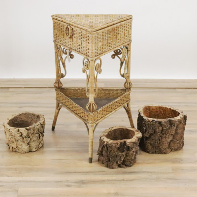 Image for Lot Woven Grass Work Stand 3 Bark Jardinieres